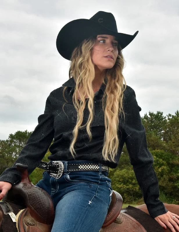 Cowgirl Tuff Pullover Button Up Black UltraBreathe Denim with Crystal Ribbed Crew Neck Cowgirl Tuff Pullover Button Up Black UltraBreathe Denim with Crystal Ribbed Crew Neck