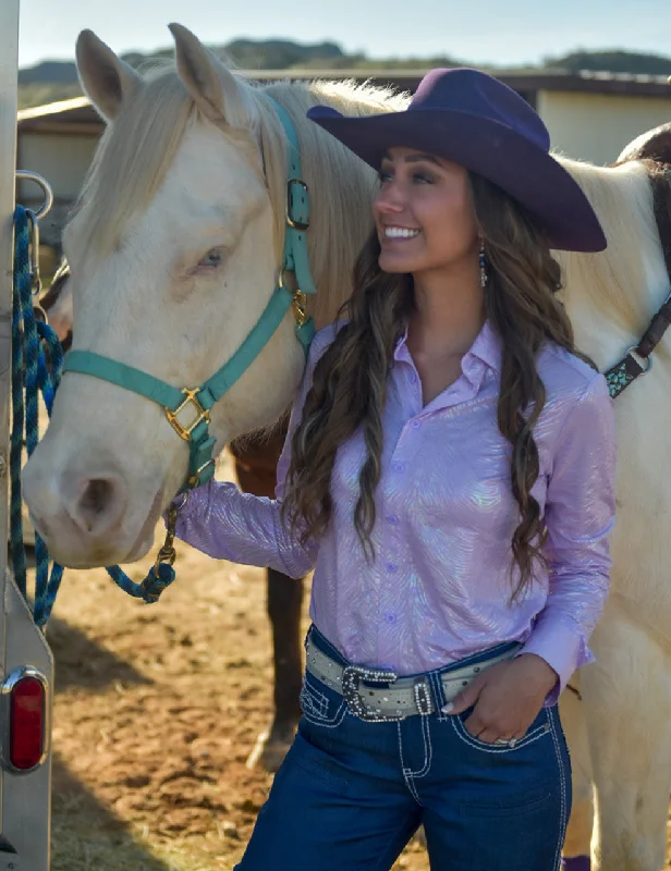 Cowgirl Tuff Pullover Button Up (Lilac With Foil Swirls Lightweight Stretch Jersey) Crew Neck Wool Cowgirl Tuff Pullover Button Up (Lilac With Foil Swirls Lightweight Stretch Jersey) Crew Neck Wool