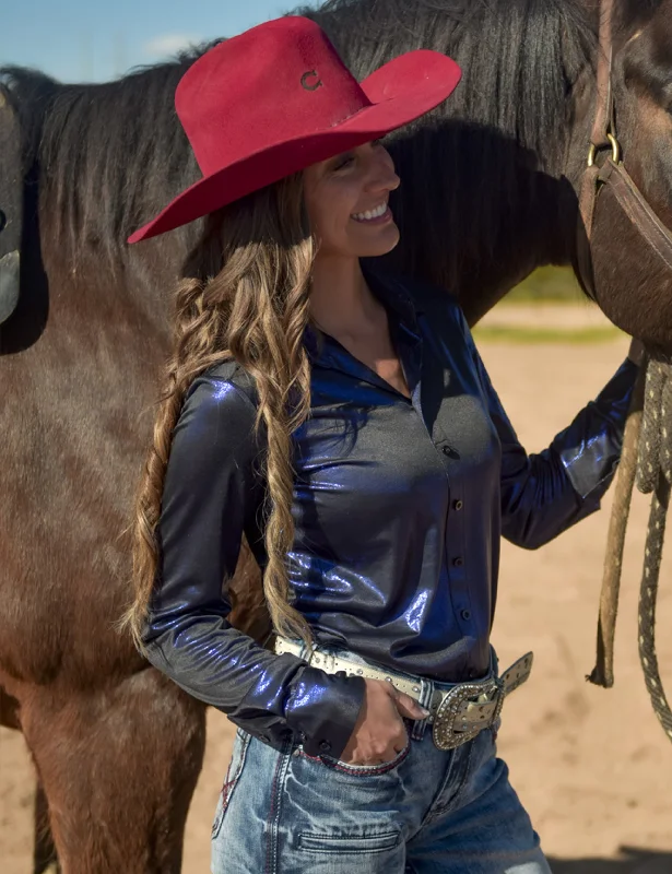 Cowgirl Tuff Pullover Button Up (Sapphire Blue Shimmer Lightweight Stretch Jersey) Boat Neck Sweater Cowgirl Tuff Pullover Button Up (Sapphire Blue Shimmer Lightweight Stretch Jersey) Boat Neck Sweater