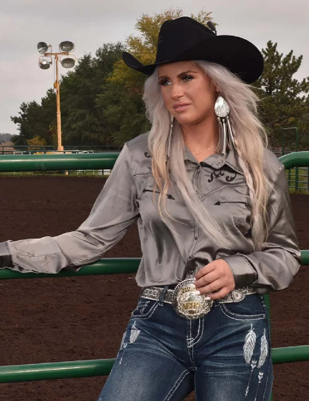 Cowgirl Tuff Pullover Button Up (Silver Lightweight Stretch Satin with Black Emrboidery Accents) High Neck Pullover Cowgirl Tuff Pullover Button Up (Silver Lightweight Stretch Satin with Black Emrboidery Accents) High Neck Pullover