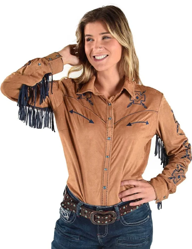 Cowgirl Tuff Womens Blue Fringe Pullover Tan Polyester L/S Shirt Flutter Sleeve Feminine