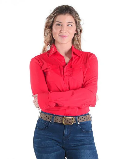 Cowgirl Tuff Womens Breathe Instant Pullover Bright Red Nylon L/S Blouse Seamless Knit Pullover Cowgirl Tuff Womens Breathe Instant Pullover Bright Red Nylon L/S Blouse Seamless Knit Pullover