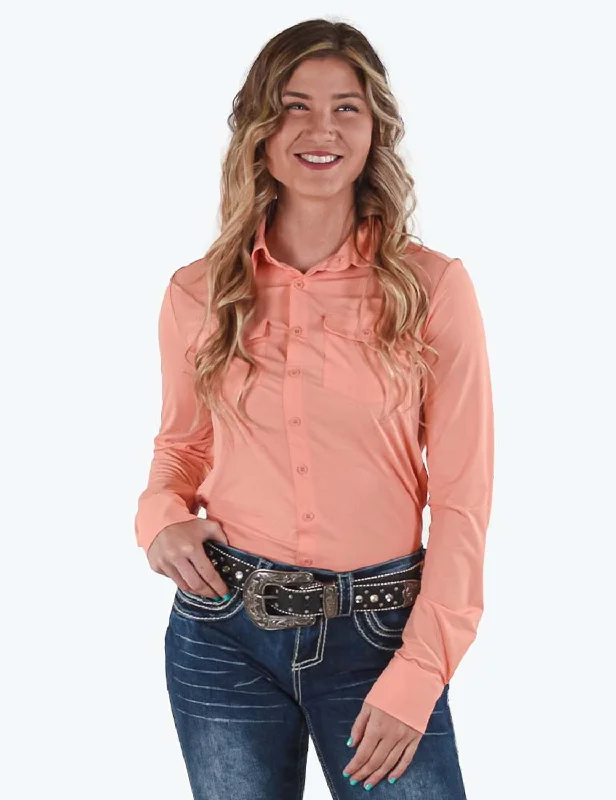 Cowgirl Tuff Womens Cooling Pullover Button Up Coral Nylon L/S Shirt Sarouel Sleeve Pullover Cowgirl Tuff Womens Cooling Pullover Button Up Coral Nylon L/S Shirt Sarouel Sleeve Pullover
