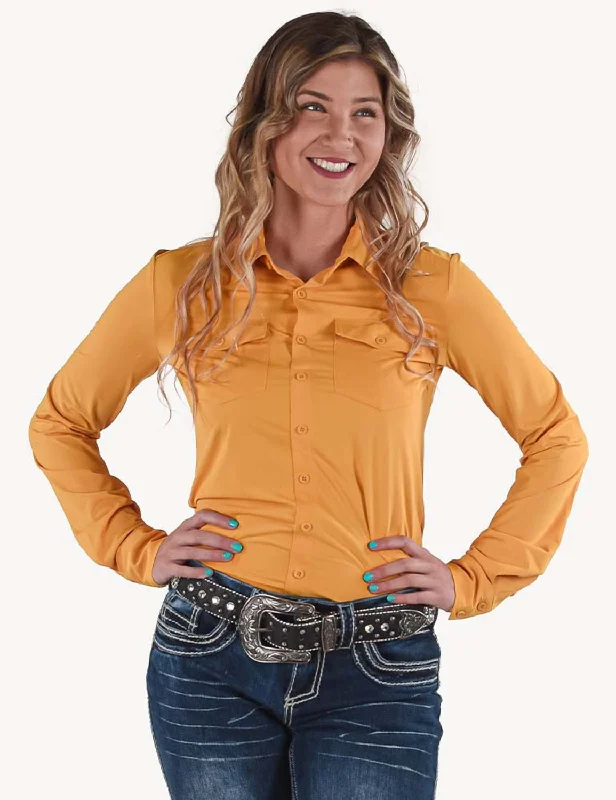 Cowgirl Tuff Womens Cooling Pullover Button Up Gold Nylon L/S Shirt Short Puff Sleeve Cowgirl Tuff Womens Cooling Pullover Button Up Gold Nylon L/S Shirt Short Puff Sleeve