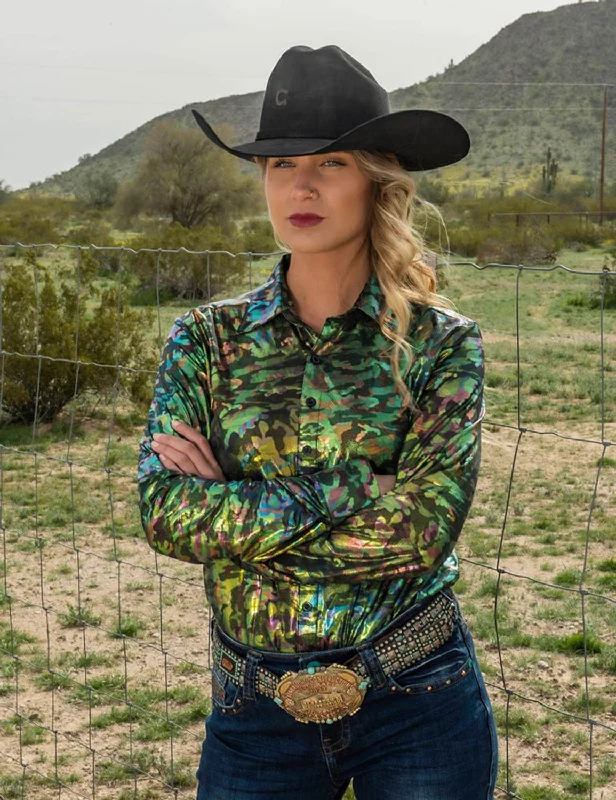 Cowgirl Tuff Womens Foil Pullover Camo Polyester L/S Shirt Three Quarter Sleeve