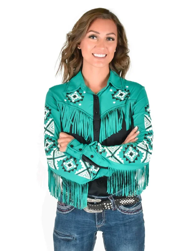 Cowgirl Tuff Womens Fringe Pullover Turquoise/Black Nylon L/S Shirt Tapered Sleeve Pullover Cowgirl Tuff Womens Fringe Pullover Turquoise/Black Nylon L/S Shirt Tapered Sleeve Pullover