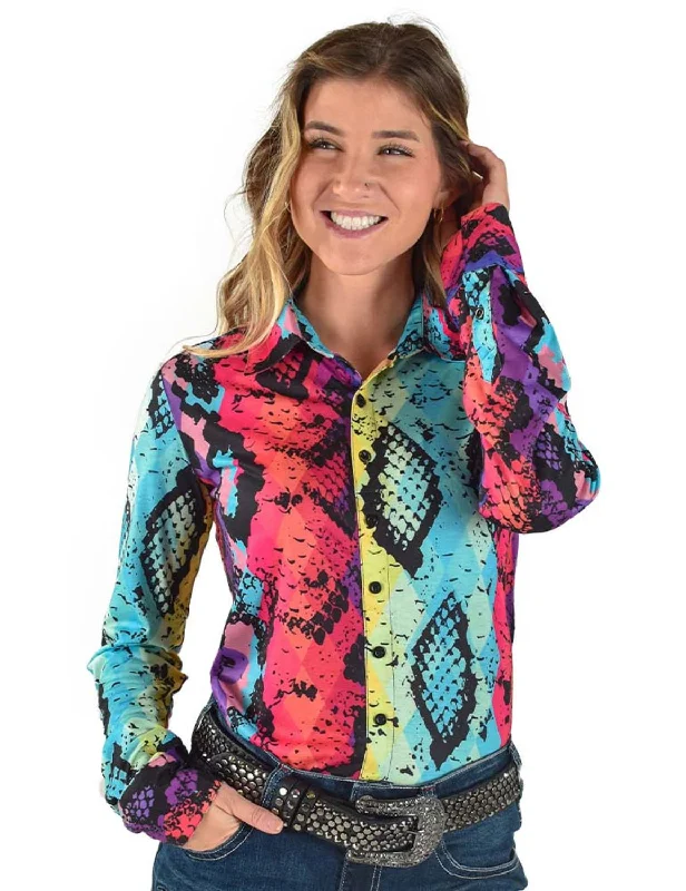 Cowgirl Tuff Womens Snakeskin Pullover Multi-Color Polyester L/S Shirt Gathered Sleeve Pullover Cowgirl Tuff Womens Snakeskin Pullover Multi-Color Polyester L/S Shirt Gathered Sleeve Pullover