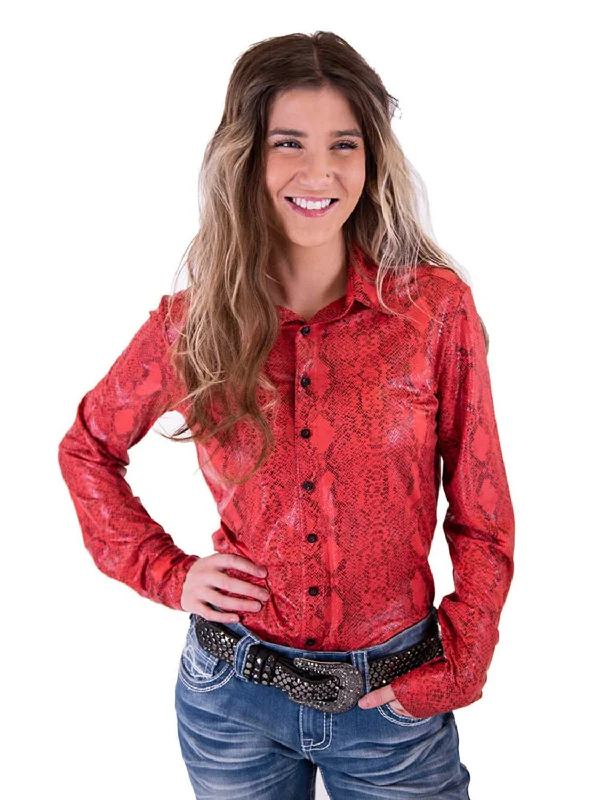 Cowgirl Tuff Womens Snakeskin Pullover Red Polyester L/S Shirt Spaghetti Sleeve Top