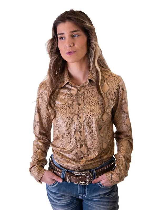 Cowgirl Tuff Womens Snakeskin Pullover Tan Polyester L/S Shirt Slim Sleeve Pullover