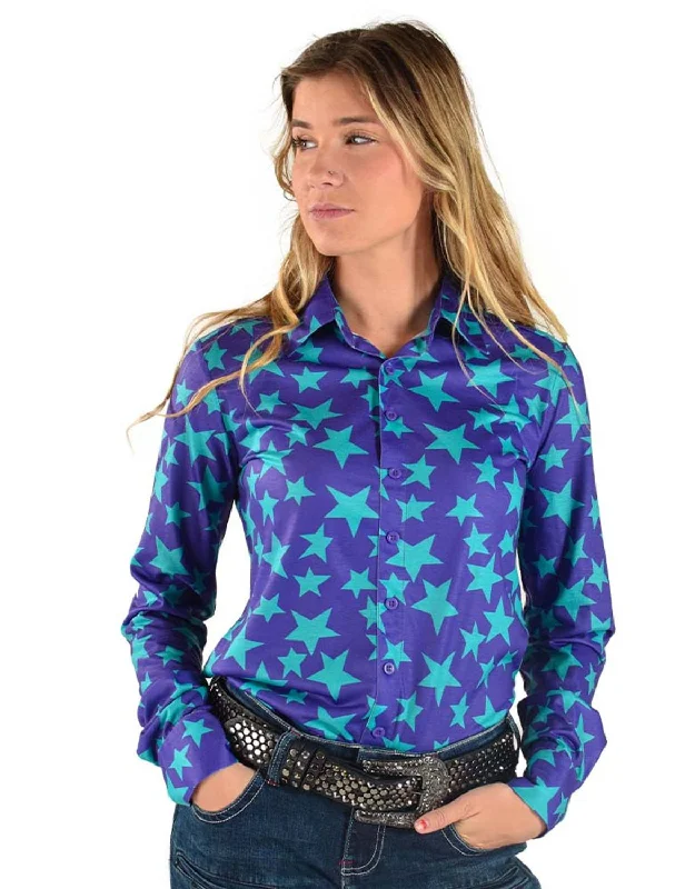 Cowgirl Tuff Womens Stars Pullover Purple/Turquoise Polyester L/S Shirt Lantern Sleeve Elegant Cowgirl Tuff Womens Stars Pullover Purple/Turquoise Polyester L/S Shirt Lantern Sleeve Elegant