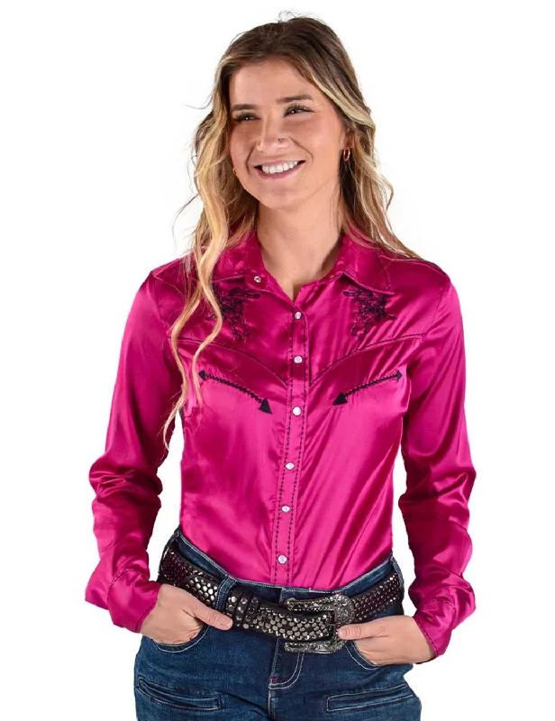 Cowgirl Tuff Womens Stretch Satin Pullover Pink/Black Polyester L/S Shirt Over Sleeve Pullover Cowgirl Tuff Womens Stretch Satin Pullover Pink/Black Polyester L/S Shirt Over Sleeve Pullover