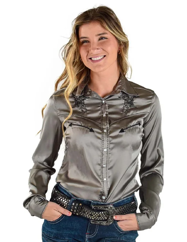 Cowgirl Tuff Womens Stretch Satin Pullover Silver/Black Polyester L/S Shirt One Shoulder Top Cowgirl Tuff Womens Stretch Satin Pullover Silver/Black Polyester L/S Shirt One Shoulder Top