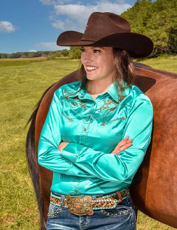 Cowgirl Tuff Womens Stretch Satin Pullover Turquoise/Copper Polyester L/S Shirt Lapel Neck Sweater Cowgirl Tuff Womens Stretch Satin Pullover Turquoise/Copper Polyester L/S Shirt Lapel Neck Sweater