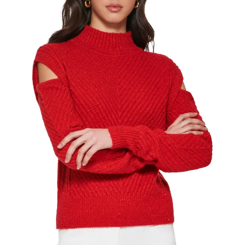 DKNY Womens Metallic Open-Shoulder Pullover Sweater Blouson Sleeve Pullover