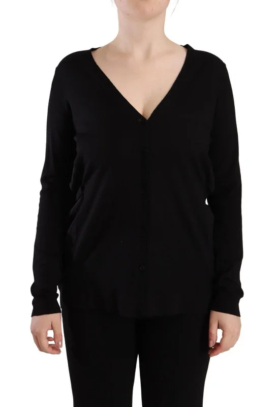 Elegant Black V-Neck Wool Pullover Boxy Neck Sweater
