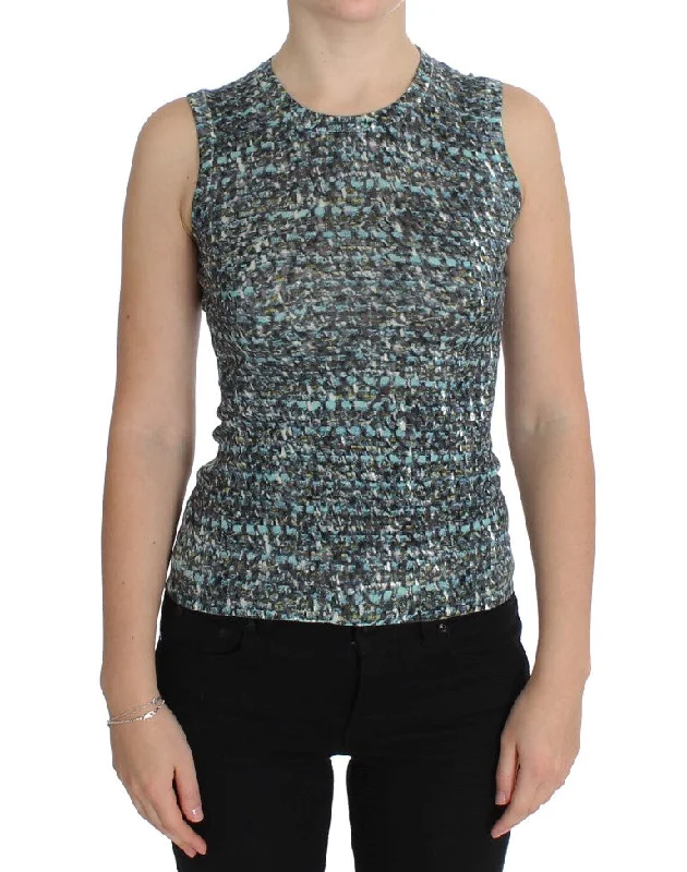 Elegant Blue Wool Vest Pullover Top Oblong Neck Pullover