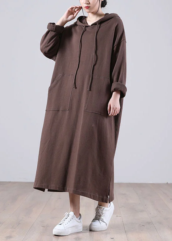Elegant Brown Hooded Pockets Side Open Fall Sweatshirt Dresses Hoodie with Magnetic Closure Innovative Modern Elegant Brown Hooded Pockets Side Open Fall Sweatshirt Dresses Hoodie with Magnetic Closure Innovative Modern