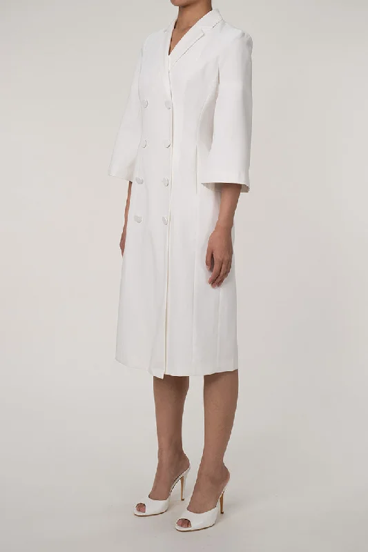Elegant Lapel Collar Bell Sleeve Double Breasted Tailored Blazer Midi Dress - White Women's Luxurious Jacket Elegant Lapel Collar Bell Sleeve Double Breasted Tailored Blazer Midi Dress - White Women's Luxurious Jacket
