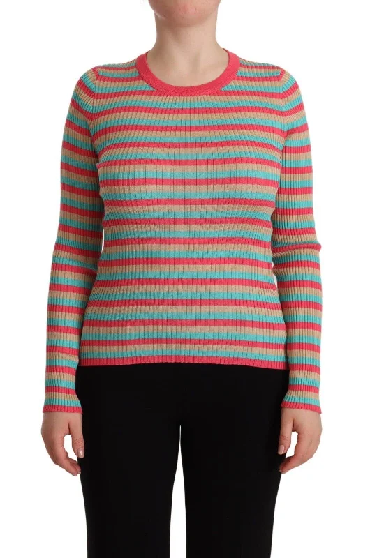Elegant Striped Silk Crew Neck Pullover Besom Neck Pullover