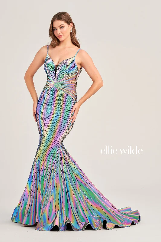 Ellie Wilde EW35704 Fitted SUPERNOVA Mermaid Prom Dress Sheer Bodice Holographic Gown