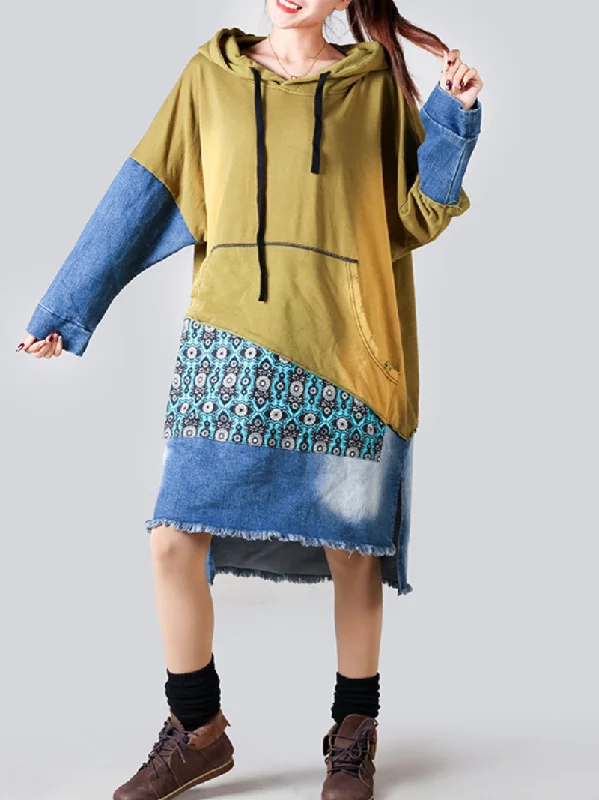 Women's Retro Large Size Hooded Long Sleeve Pullover Denim Midi Dress Gathered Sleeve Pullover Women's Retro Large Size Hooded Long Sleeve Pullover Denim Midi Dress Gathered Sleeve Pullover
