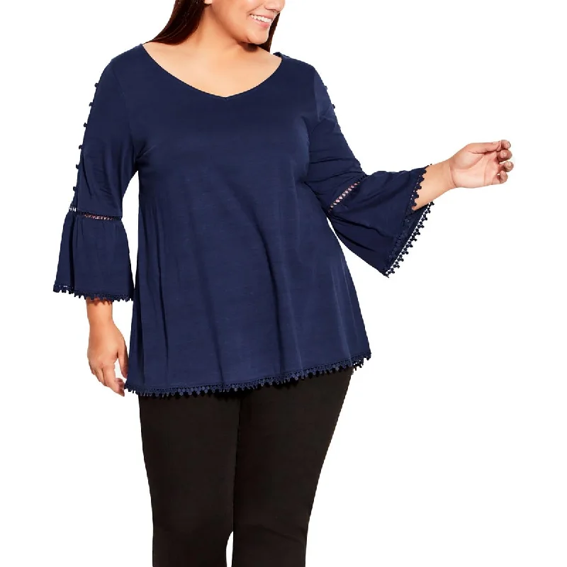 Evans Womens Plus Crochet Trim Open-Stitch Pullover Top Cable Knit Chunky