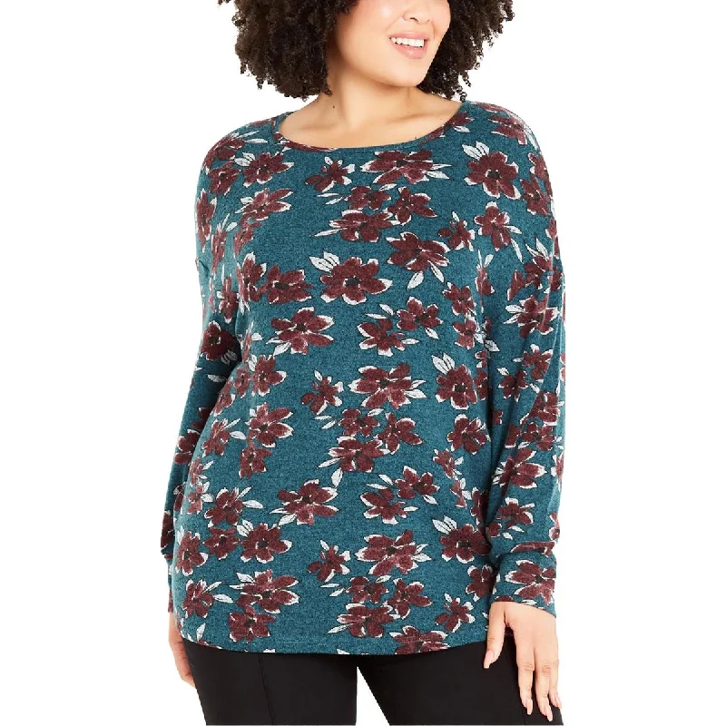 Evans Womens Plus Soft Floral Print Pullover Top Polo Neck Sweater