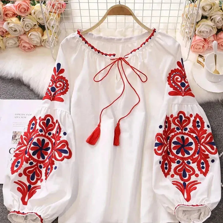 EWQ Sweet Style Women Pullover Shirts Embroidery Patchwork Bandage V-neck Lanter Mock Neck Pullover EWQ Sweet Style Women Pullover Shirts Embroidery Patchwork Bandage V-neck Lanter Mock Neck Pullover