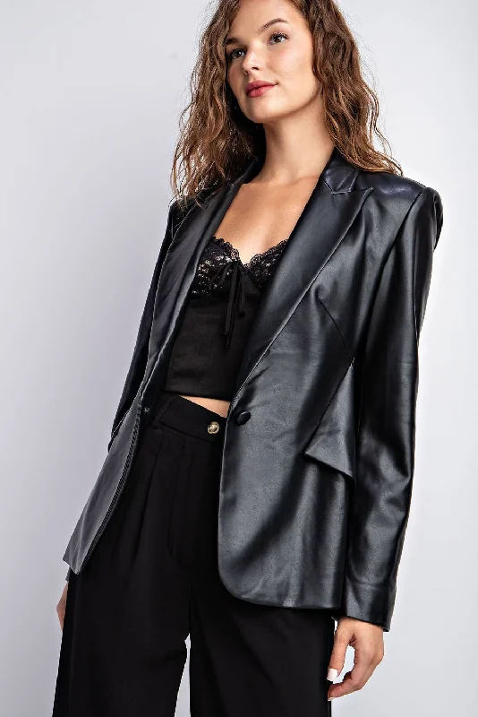 Faux Leather Slim Fit Blazer Women's Navy Jacket