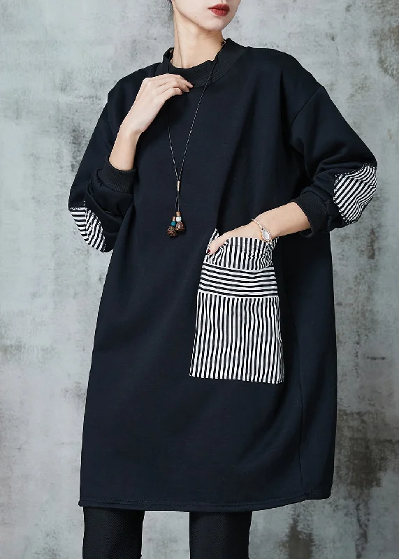 French Black Oversized Patchwork Striped Cotton Sweatshirt Dress Spring Hoodie with Button Placket Classic Preppy French Black Oversized Patchwork Striped Cotton Sweatshirt Dress Spring Hoodie with Button Placket Classic Preppy