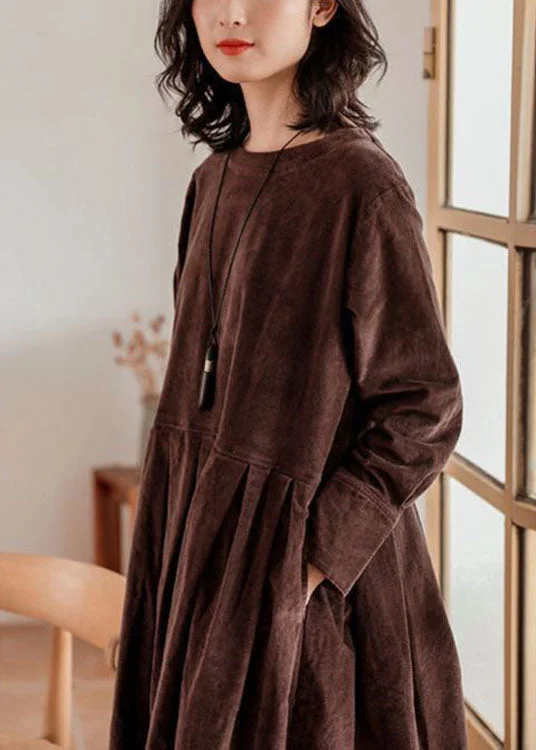 French Brown Plus Size Corduroy Dress Pockets Button Patchwork Fall Dresses
