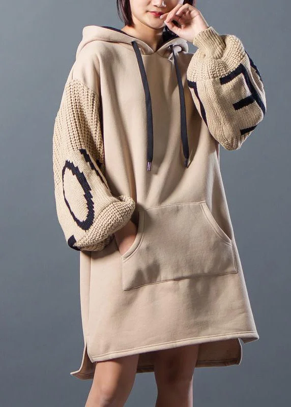 French Cotton tunic dressSweets Hoodies Drawstring Spliced Split Winter Dress Hoodie with Ribbed Hem Stretchable Secure