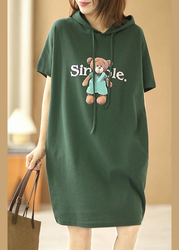 French Green Hooded Drawstring Print Cotton Pullover Sweatshirt Dress Short Sleeve Hoodie with Hem Ribbing Snug Secure French Green Hooded Drawstring Print Cotton Pullover Sweatshirt Dress Short Sleeve Hoodie with Hem Ribbing Snug Secure