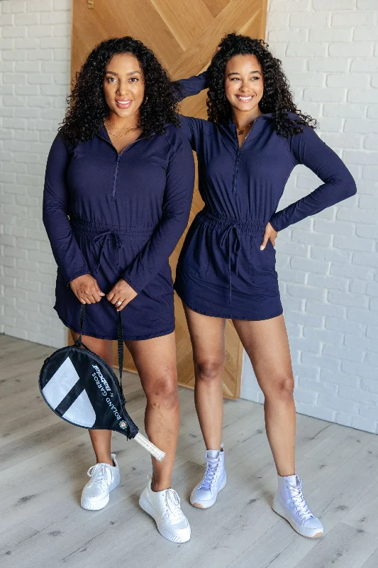 Getting Out Long Sleeve Hoodie Romper in Navy by Rae Mode Hoodie with Toggle Buttons Decorative Unique Getting Out Long Sleeve Hoodie Romper in Navy by Rae Mode Hoodie with Toggle Buttons Decorative Unique