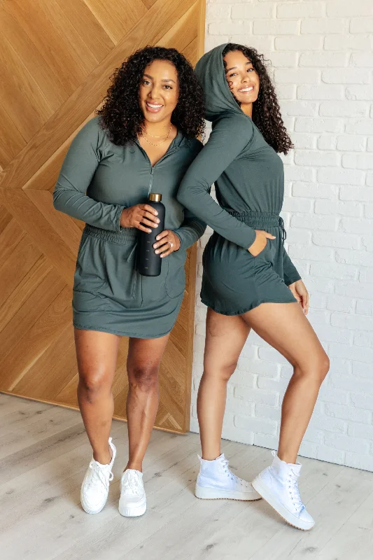 Getting Out Long Sleeve Hoodie Romper in Smoked Spruce by Rae Mode Hoodie with Full-Zip Functional Layering