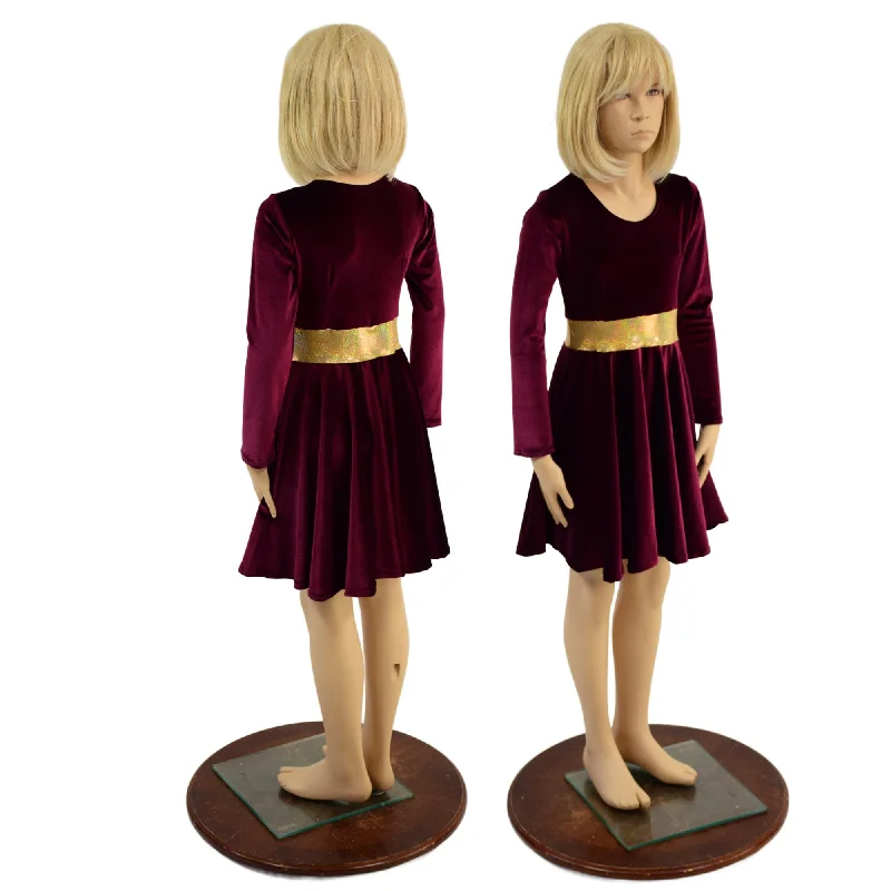 Girls Burgundy and Gold Velvet Skater Dress