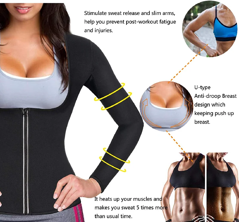 Gotoly Women Waist Trainer Hot Neoprene Shirt Sauna Suit Sweat Body Shaper Jacket Top Zipper Long Sleeve Welt Pockets Slit Pockets Flap Pockets