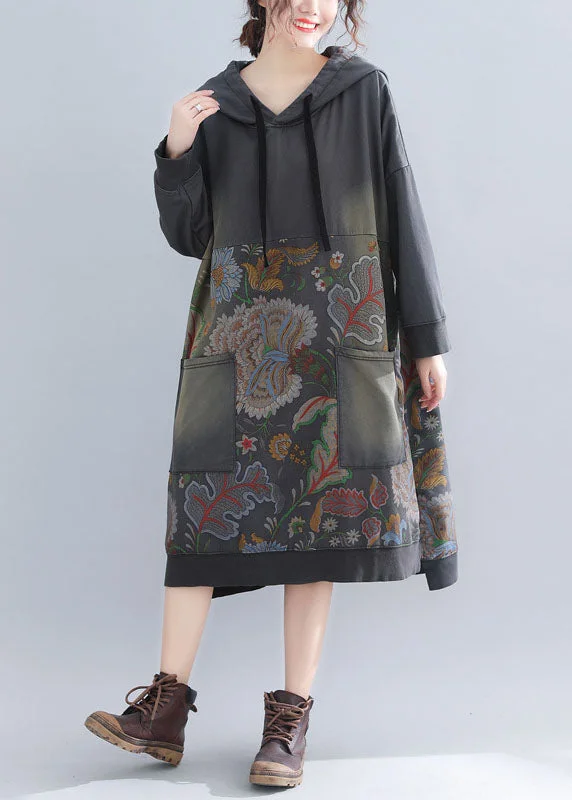 Grey Sweatshirt dresses Hooded drawstring pockets Spring Hoodie with Half-Zip Sporty Casual