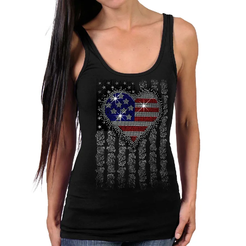 Hot Leathers GLR2559 Ladies Black Heart Bling Flag Tank Top Shirt sheer tank top