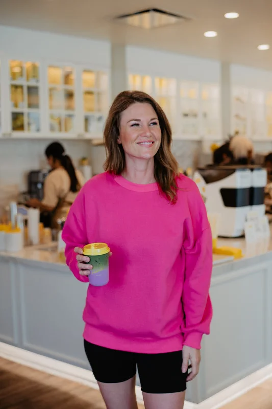 Hot Pink Crewneck Sweatshirt Hoodie with High Neck Warm Protective