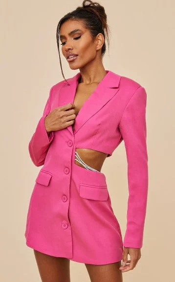 Hot Pink Side Cut Out Diamante Strap Detail Blazer Dress Women's Fashion Blazer