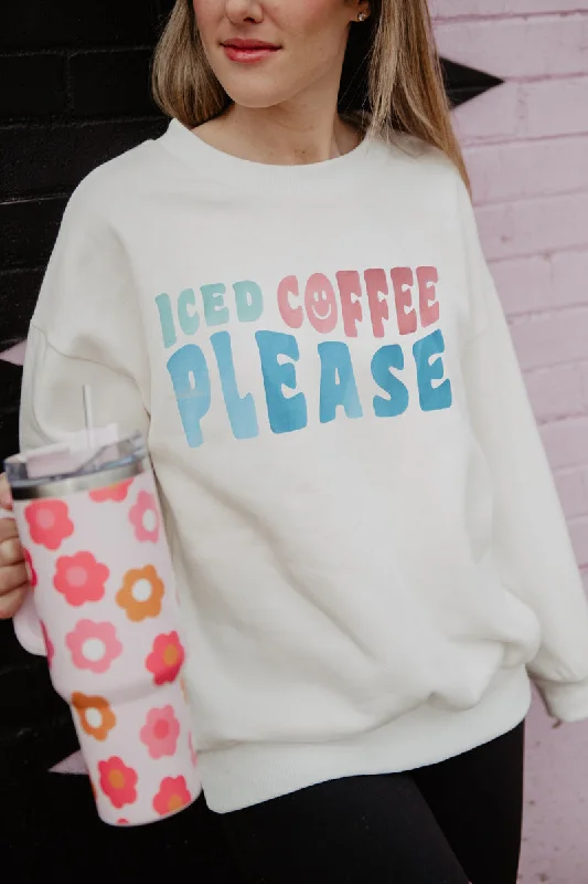 Iced Coffee Please Crewneck Sweatshirt Hoodie with Batwing Sleeves Loose Dramatic