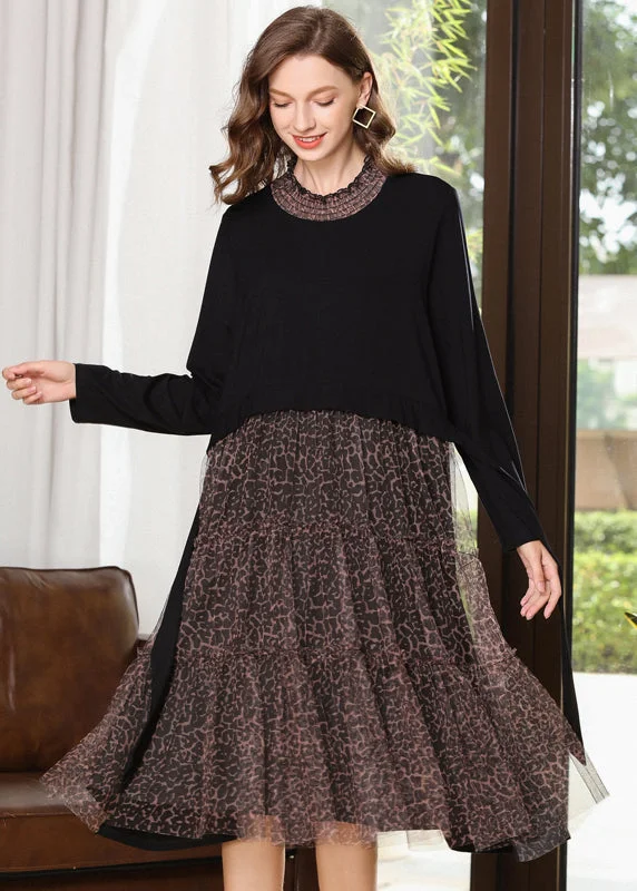 Italian Black Stand Collar Patchwork Leopard Cotton Fake Two Piece Dresses Spring