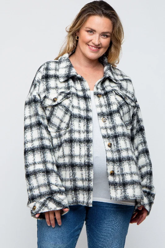 Ivory Plaid Maternity Plus Shirt Jacket Tailored Jacket Straight Jacket A-Line Jacket Ivory Plaid Maternity Plus Shirt Jacket Tailored Jacket Straight Jacket A-Line Jacket