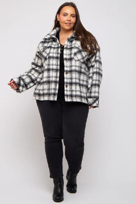 Ivory Plaid Plus Shirt Jacket A-Line Jacket Boat Neck Shawl Collar