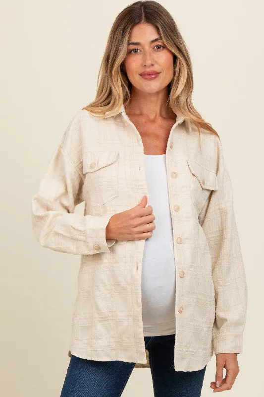 Ivory Plaid Textured Maternity Shirt Jacket Stand-Up Collar Roll-Neck Collar Turtle Neck Ivory Plaid Textured Maternity Shirt Jacket Stand-Up Collar Roll-Neck Collar Turtle Neck