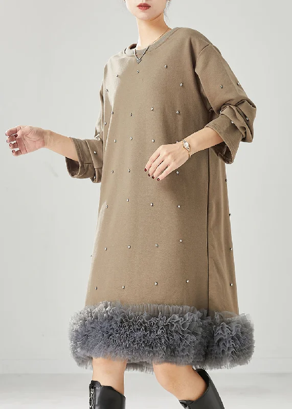 Khaki Patchwork Cotton Sweatshirts Dress Oversized Ruffled Spring Hoodie with Zipper Placket Modern Functional Khaki Patchwork Cotton Sweatshirts Dress Oversized Ruffled Spring Hoodie with Zipper Placket Modern Functional
