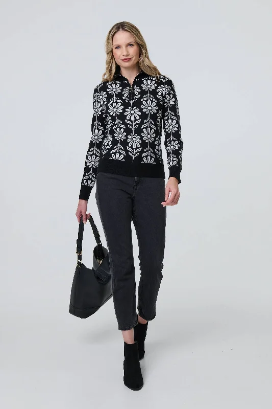 Floral Zip Neck Long Sleeve Pullover Set Sleeve Pullover