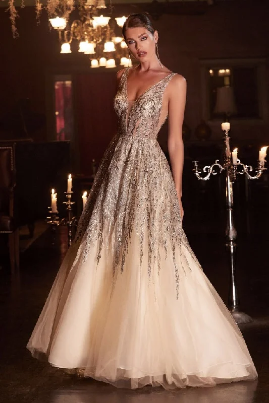 Ladivine C135 Long A Line Formal Ballgown Glitter V Neck Prom Dress Sheer Prom Dress
