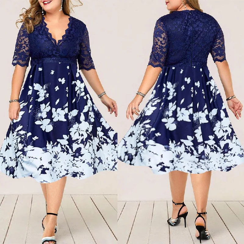Large Size Digital Printing Lace Stitching Dress